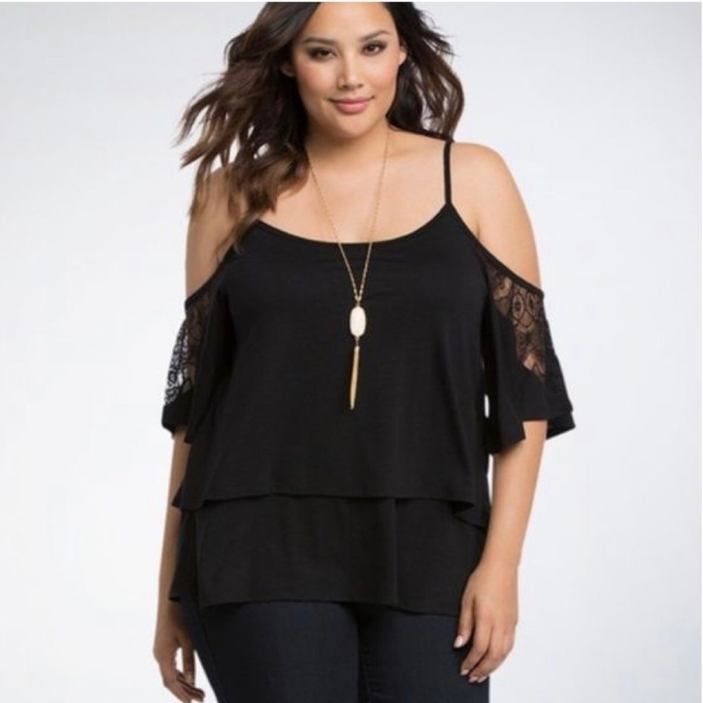 Torrid Lace Trimmed Layered Cold Shoulder Top